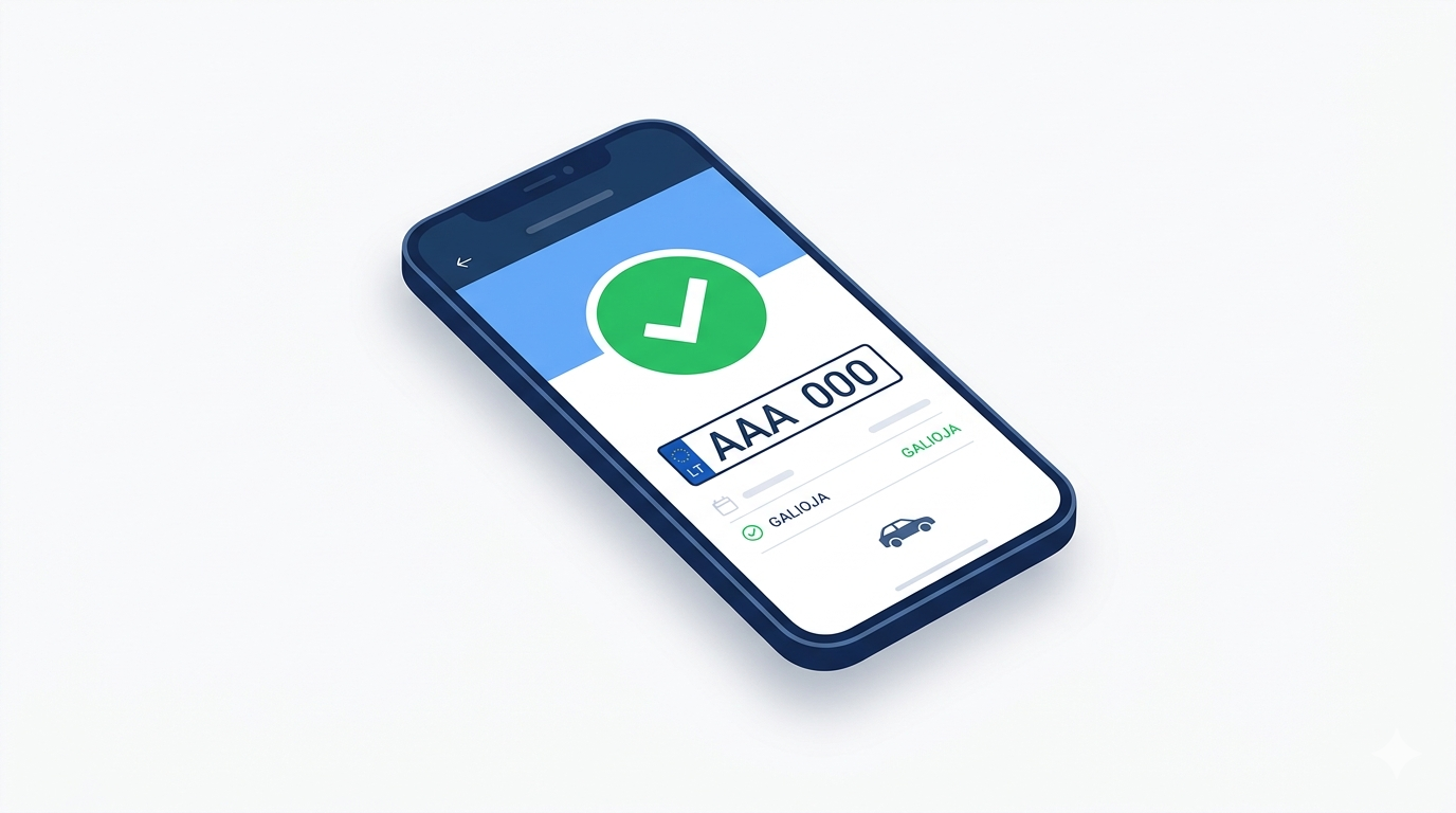 Telefono ekranas rodo, kad automobilio draudimas galioja — žalias varnelės simbolis ir valstybinis numeris