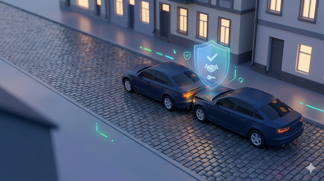 Apsauginis skydas tarp dviejų susidūrusių automobilių — civilinės atsakomybės draudimas saugo finansus