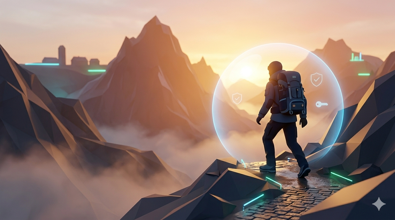 Žmogus kopia kalnais su apsauginiu haliu aplinkui — draudimas nuo nelaimingų atsitikimų apsauga kasdieniame gyvenime