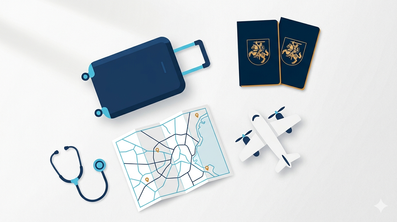 Pasas, lėktuvo bilietas ir kelionės daiktai ant žemėlapio — kelionių draudimo palyginimas