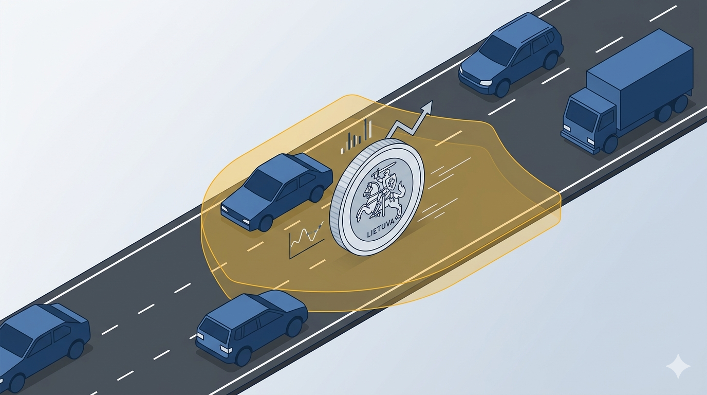Lietuviška euro moneta kelyje su automobiliais — KASKO draudimo kainos iliustracija