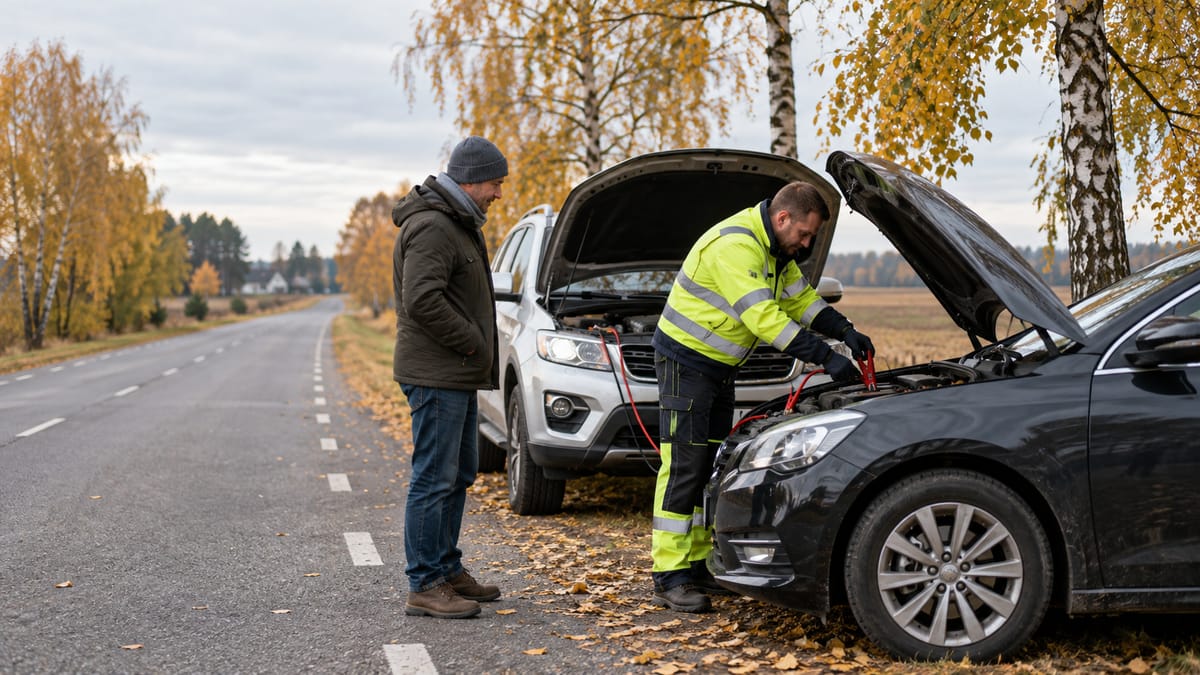 Techninės pagalbos specialistas prie automobilių su atidarytais variklio dangčiais rudenį