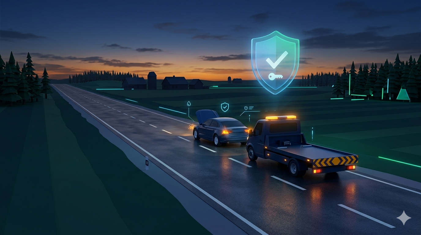 Pagalbos kelyje automobilis prie sugedusio lengvojo automobilio Lietuvos plente — techninė pagalba draudimo paslauga