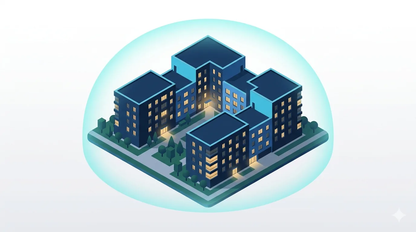 Būsto draudimas — modernus daugiabutis su apsauginiu skydu