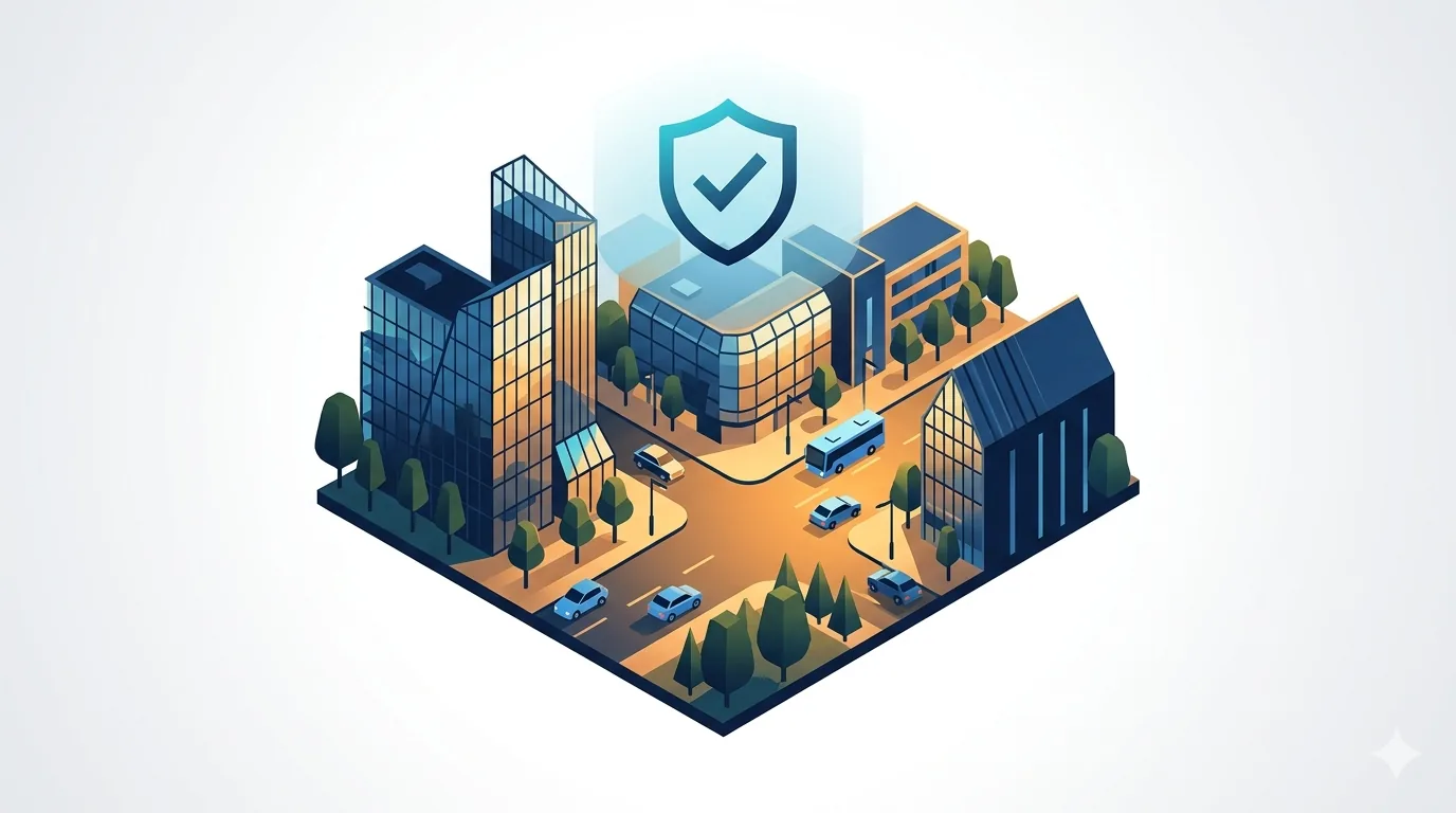 Palygink draudimo kainas — Lietuvos miesto panorama su automobiliais ir apsauga